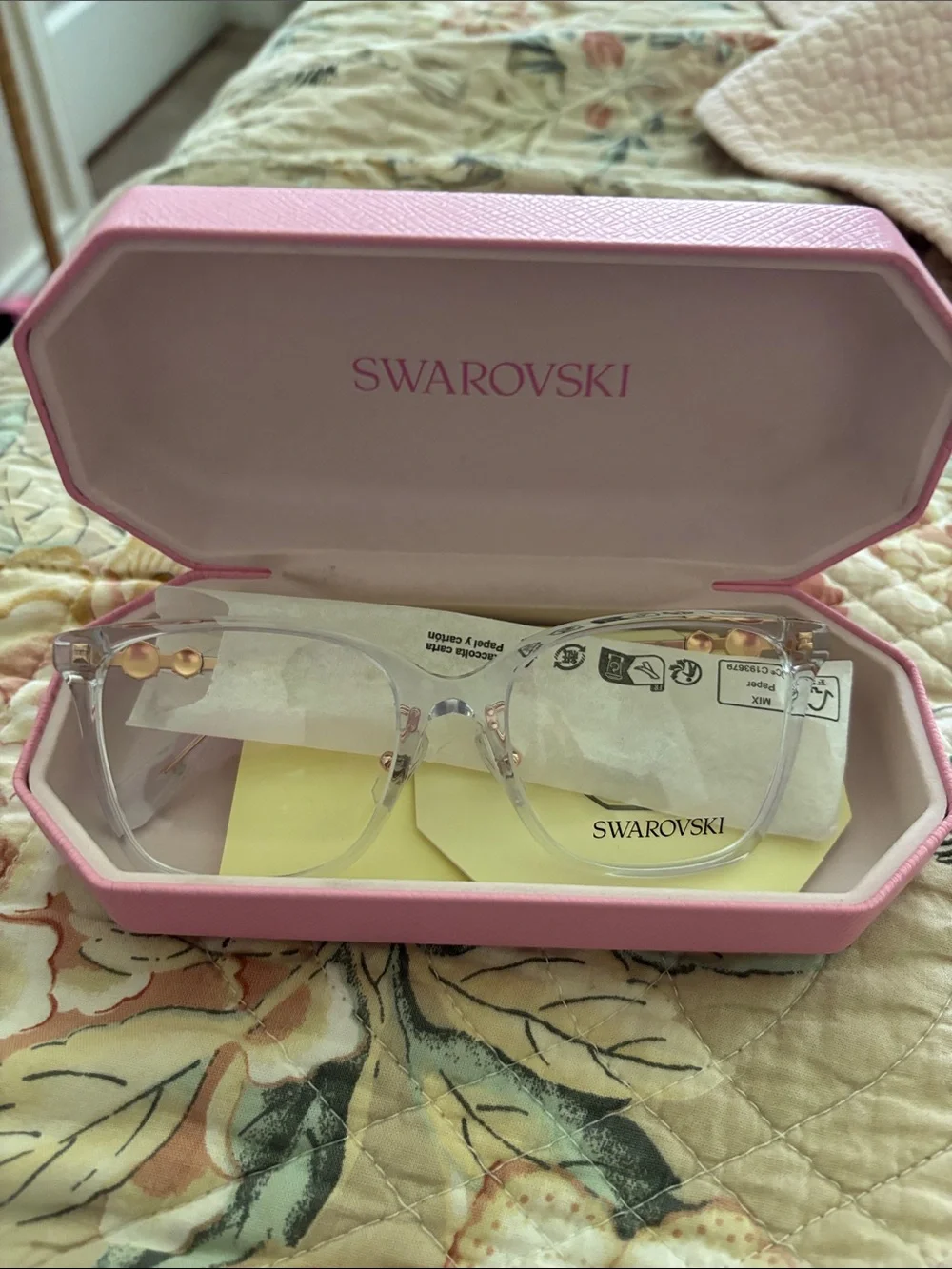 Swarovski Clear Frame Glasses with Pink Hard Case and Gold Accents